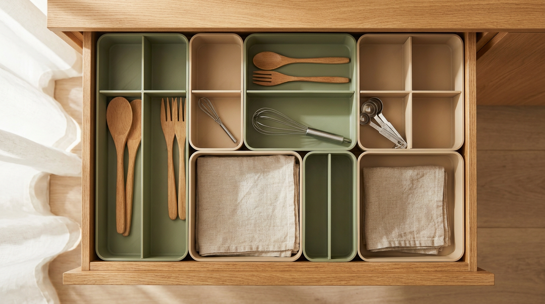 Custom two-tone 3D printed drawer organiser system in an oak drawer