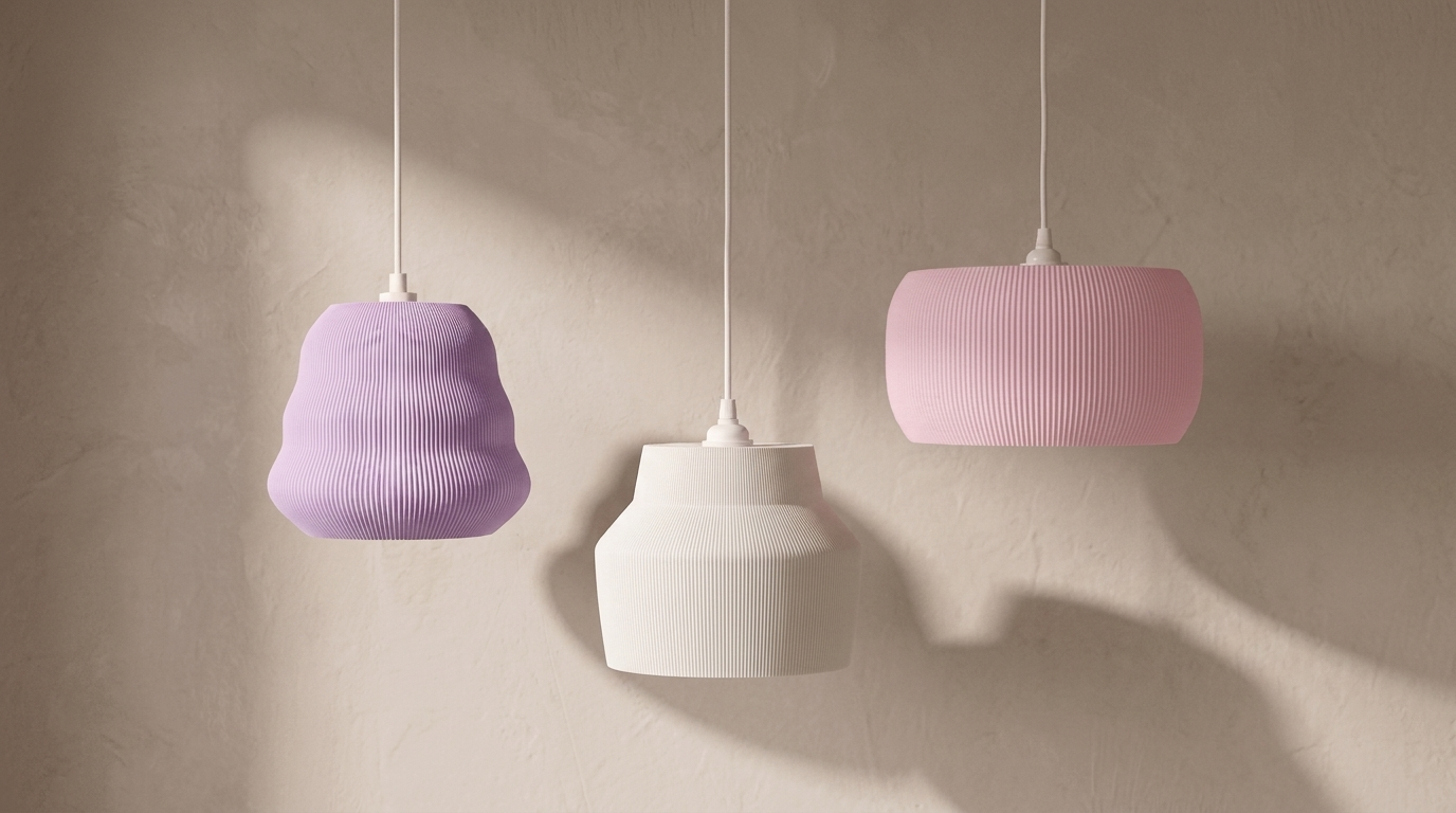 Three sculptural Vessela pendant lampshades in lilac, white and petal pink