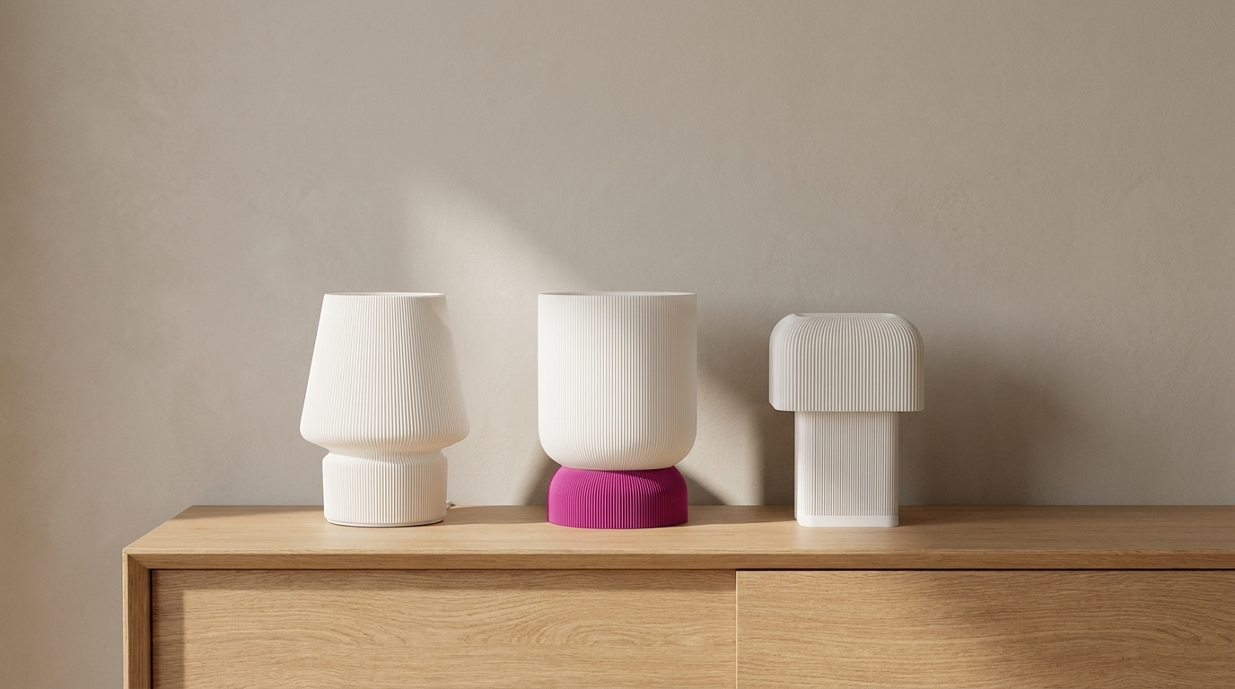 Three sculptural Vessela table lamps on an oak sideboard