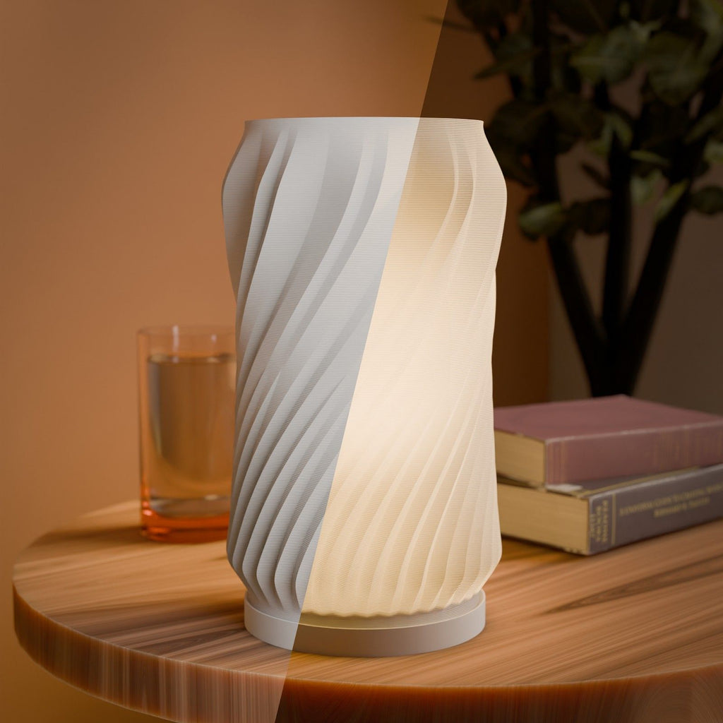 Minimalist Spiral lamp with a soft rising spiral form and ambient glow, made in Australia