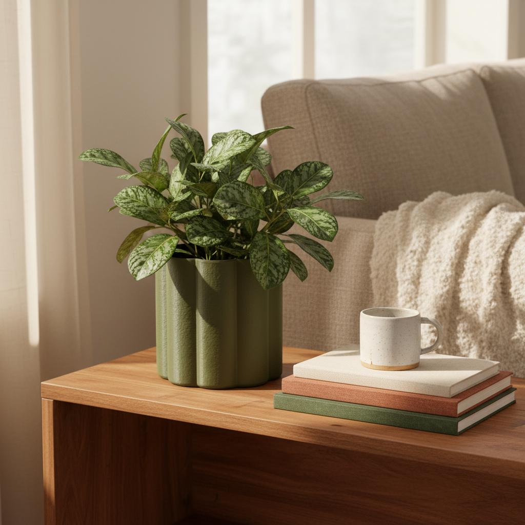 Olive green Flora planter with a leafy green plant styled on a wooden side table in a cozy, sunlit living room with a stack of books and a white ceramic mug