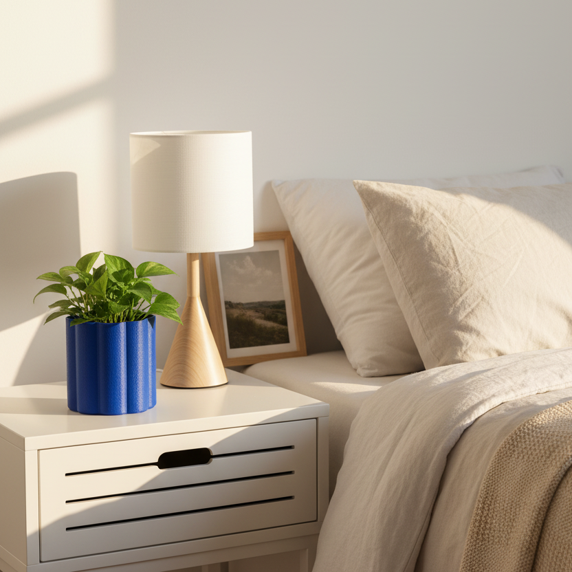 Blue Flora planter with a leafy green plant styled on a white bedside nightstand next to a lamp and framed photo in a bright, airy bedroom