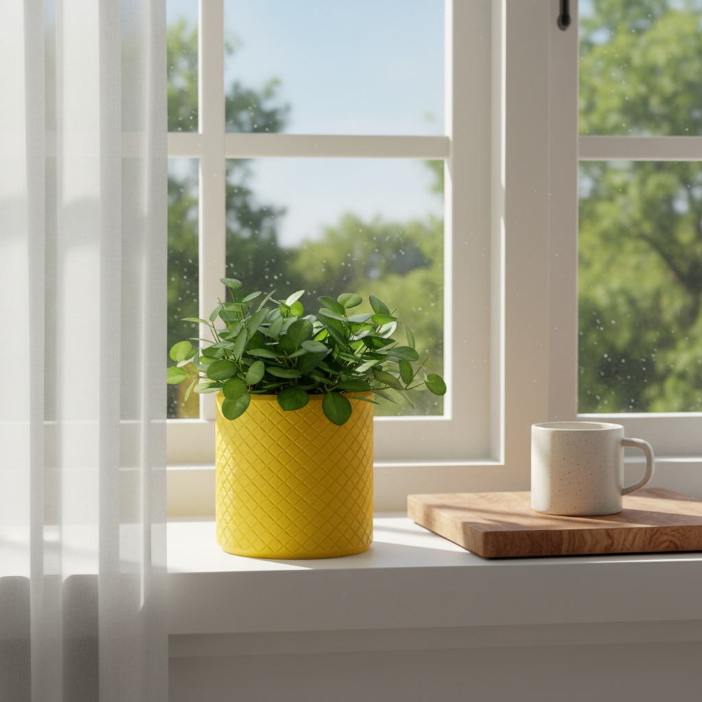 Yellow Griffin planter with a leafy green plant on a sunlit white kitchen windowsill, styled with a ceramic mug on a wooden board
