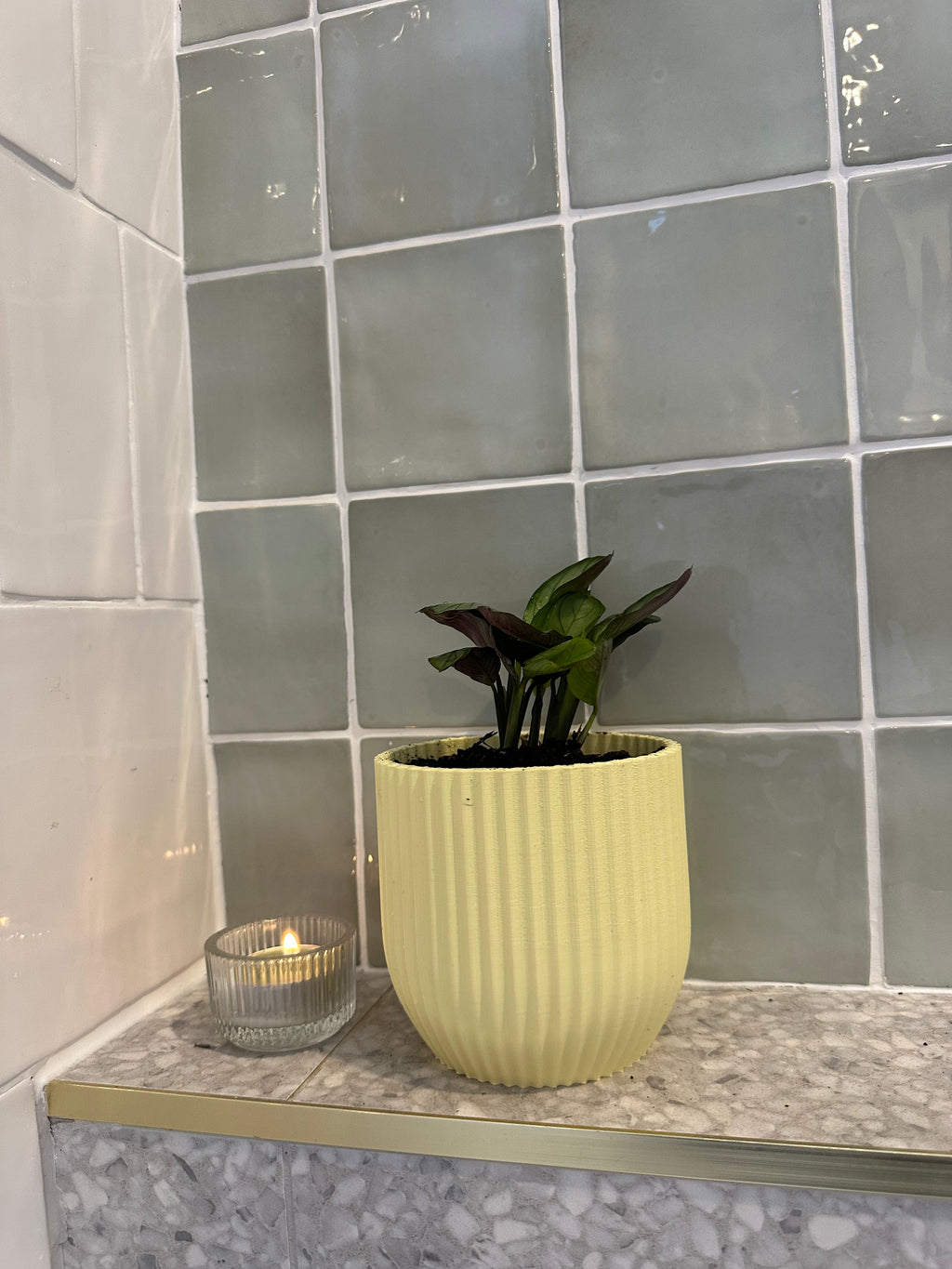 Yellow Rilla planter with plant on tiled surface