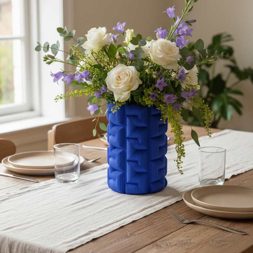 Blue Koot vase as a dining table centerpiece with fresh flowers in bright natural light