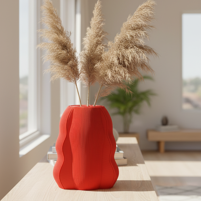 Red Marea vase with dried pampas grass on a wooden console table in a bright living room