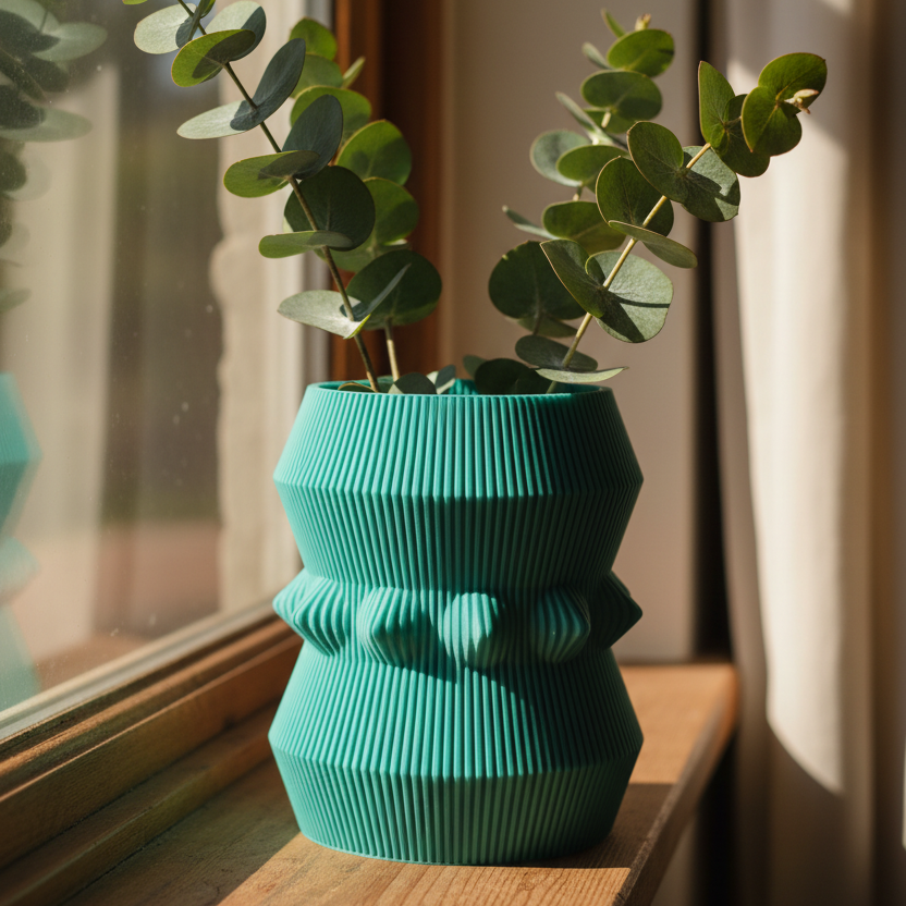 Teal Michael vase with eucalyptus stems on a wooden windowsill in warm morning light