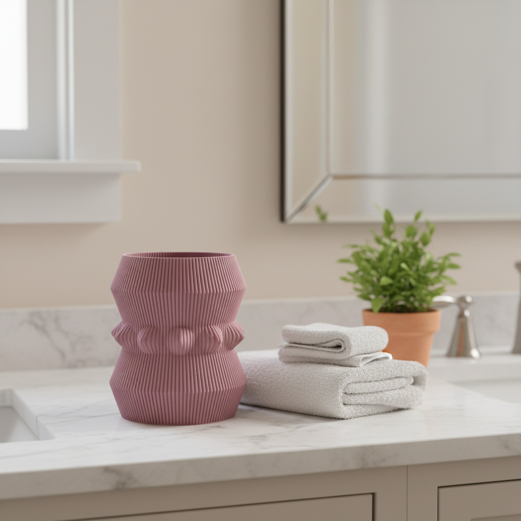 Pink Michael vase on a marble bathroom vanity with folded towels and a small plant