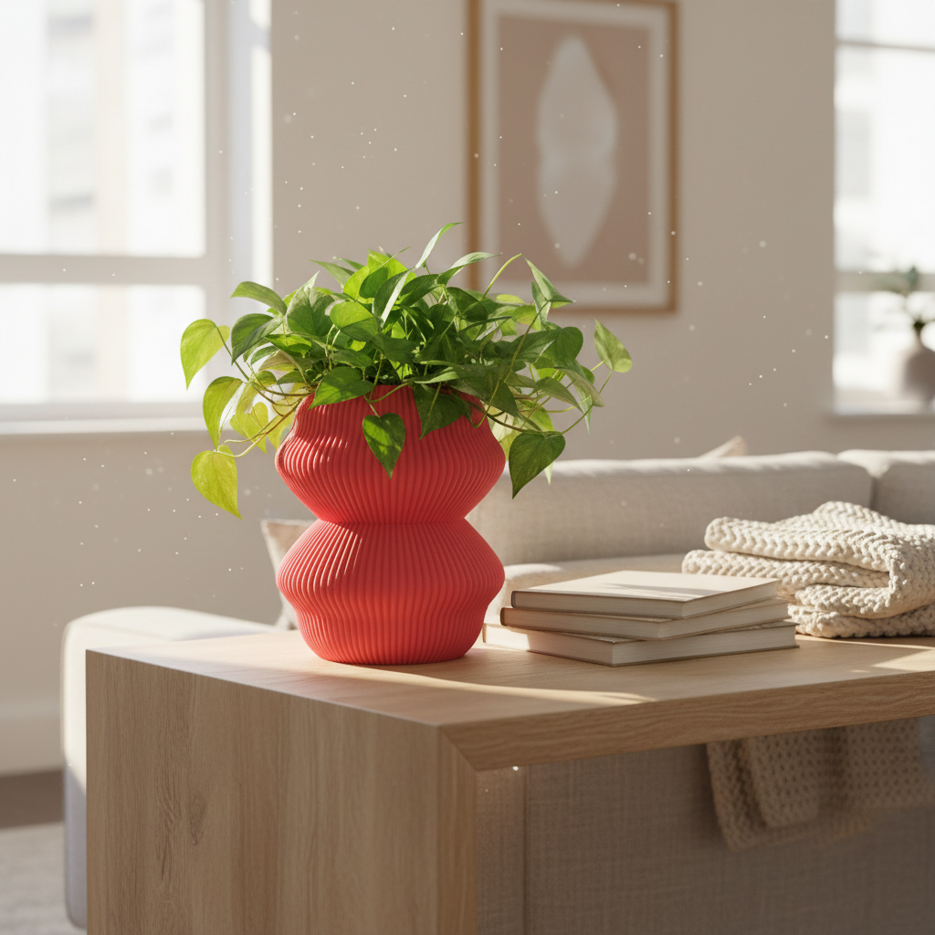 Coral-red Miconos planter with a trailing pothos plant styled on a light wood console table in a bright modern living room