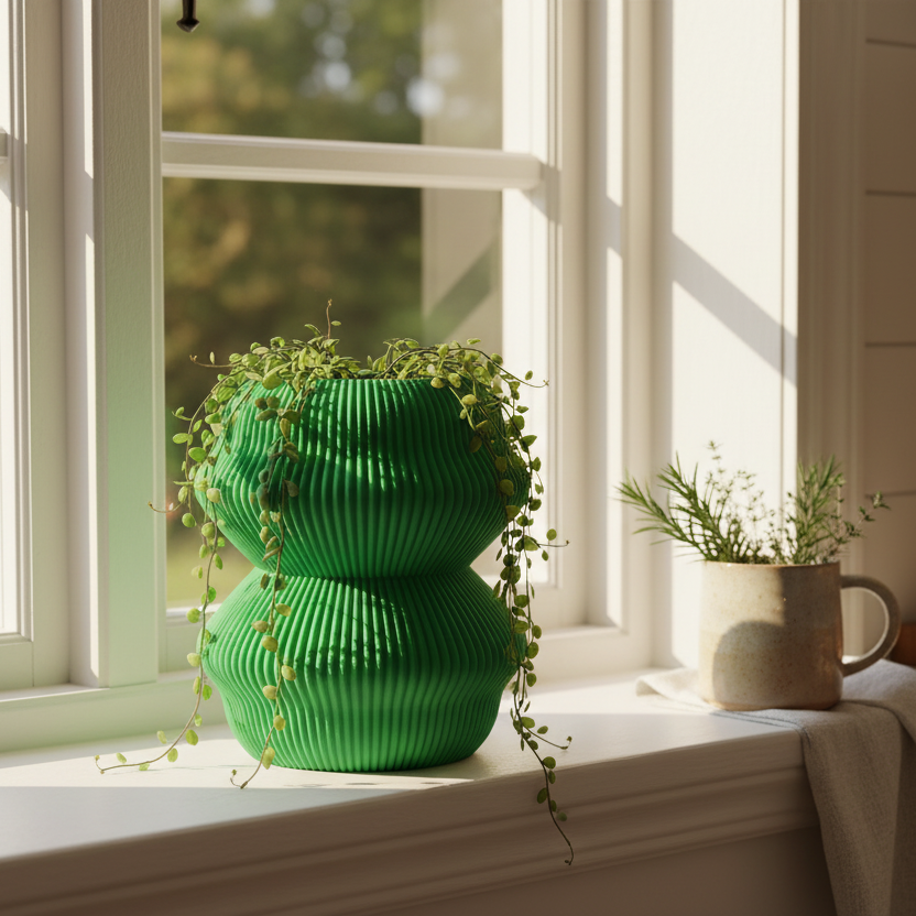 Green Miconos planter with a trailing string-of-pearls plant on a sunlit kitchen windowsill beside a mug of greenery