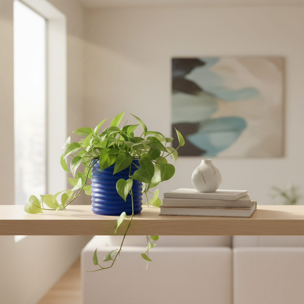 Blue Orin ribbed planter with a trailing pothos plant styled on a wooden shelf in a bright, modern living room with a stack of books and a small ceramic vase