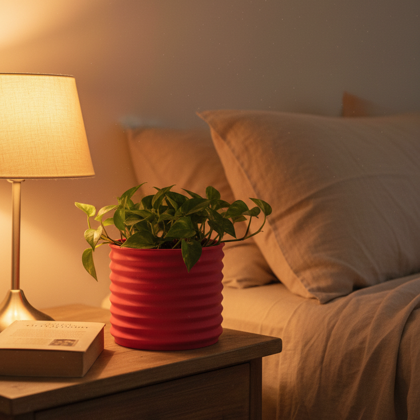 Red Orin planter with a trailing pothos plant on a bedside nightstand beside a warm lamp and a book in a cozy bedroom