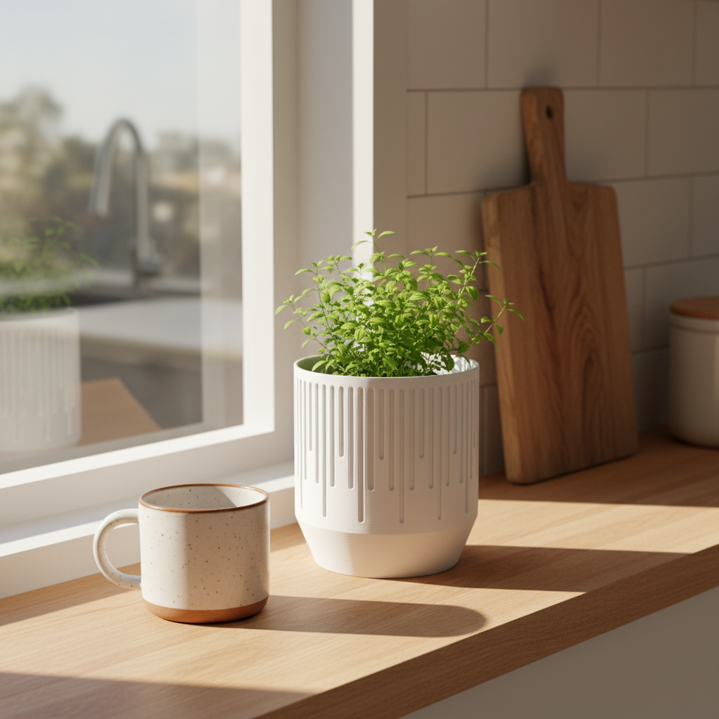 White Rain ribbed planter with a leafy herb plant on a sunlit wooden kitchen counter beside a ceramic mug and wooden cutting board near a window