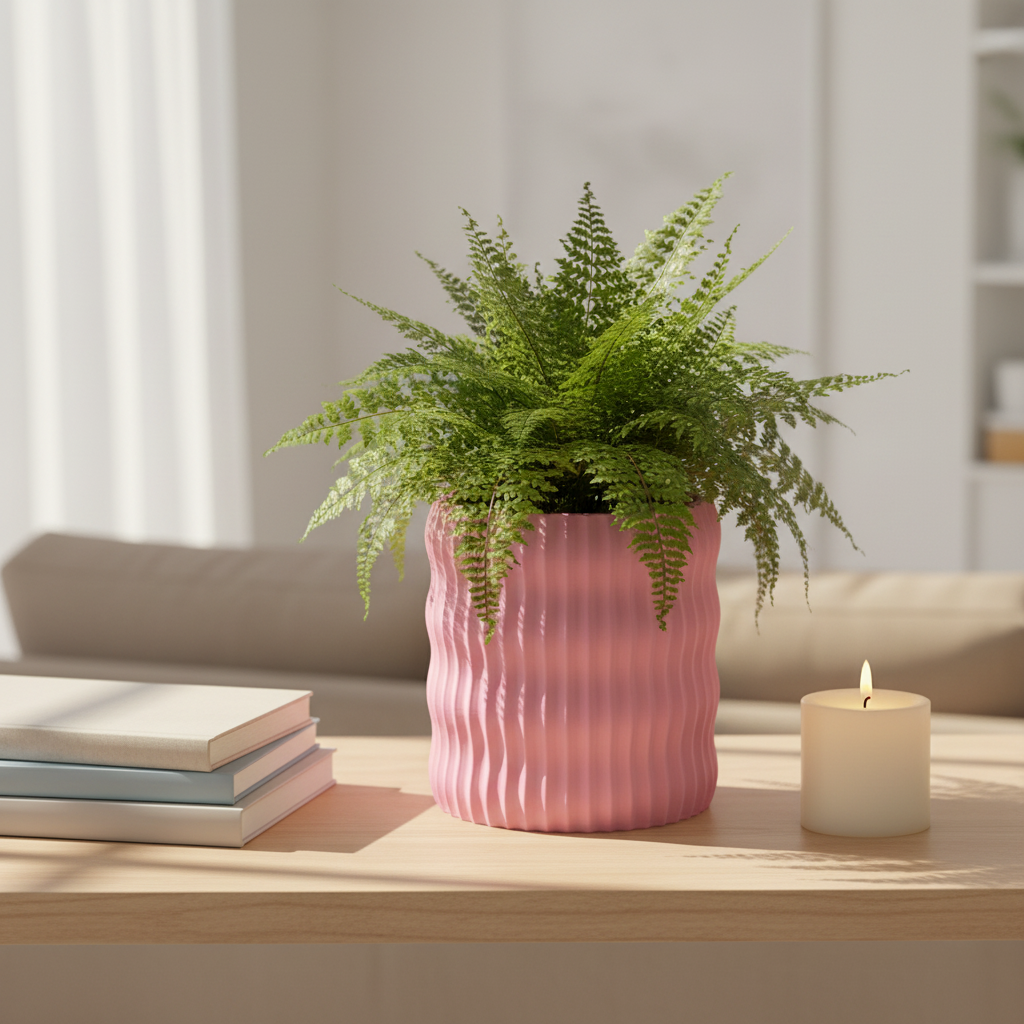Pink Rivo ribbed planter with a lush green fern styled on a wooden table in a bright, modern living room with a stack of books and a lit candle