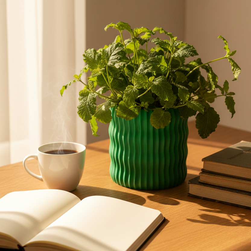 Green Rivo ribbed planter with a leafy plant styled on a wooden home office desk next to an open notebook, a steaming mug, and a stack of books in warm natural light