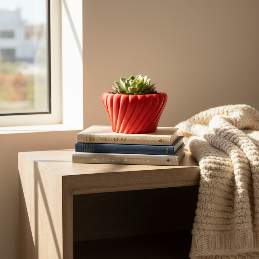Red Solis planter with a succulent on a stack of books on a light wood console table beside a knit throw in a sunlit living room