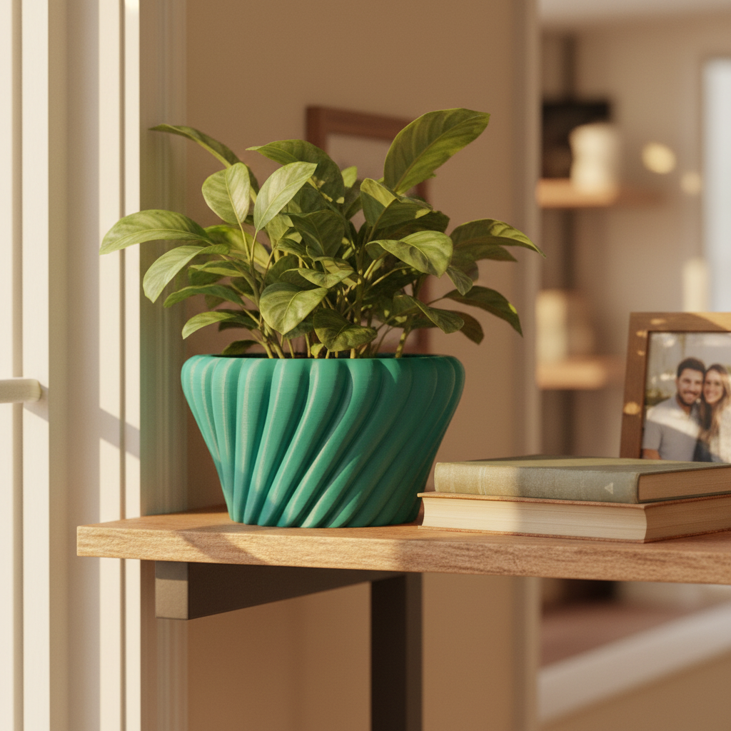 Teal-green Solis planter with a leafy plant on a wooden shelf in a cozy home office, styled with books and a framed photo