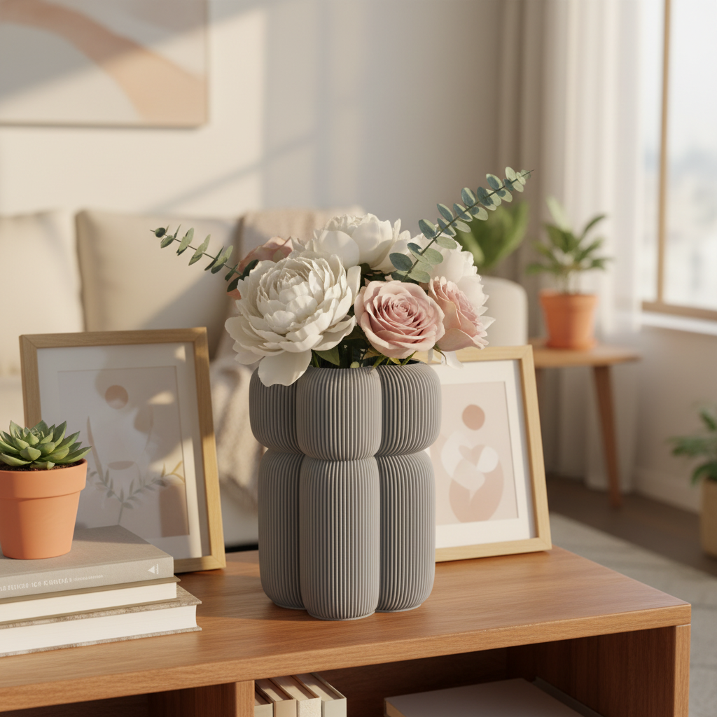 Grey Caribe vase with fresh flowers on a wooden table in a bright living room