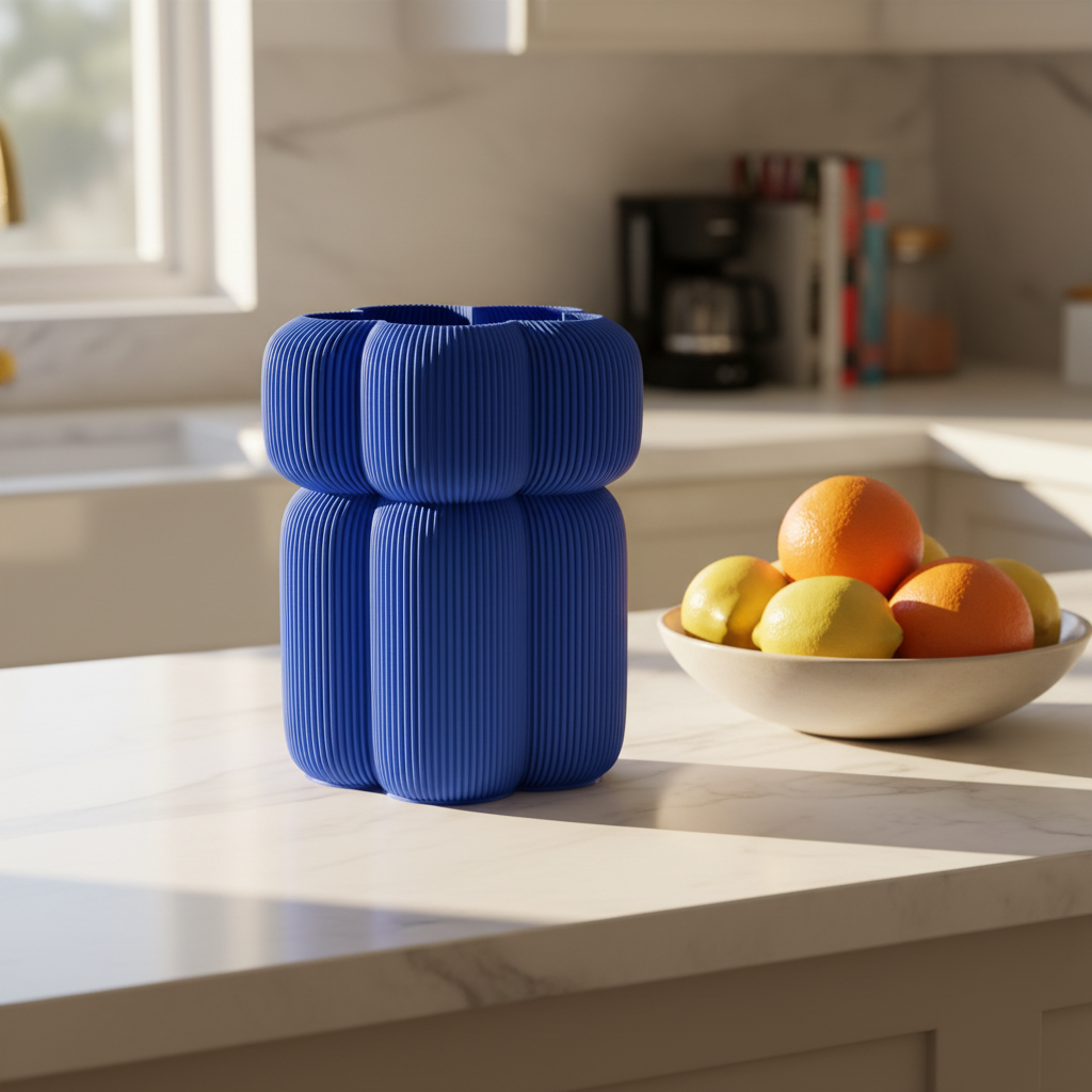 Blue Caribe vase on a marble kitchen counter next to a bowl of fresh fruit