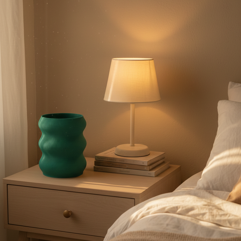 Teal Volna vase on a bedroom nightstand beside a lamp and books in soft light