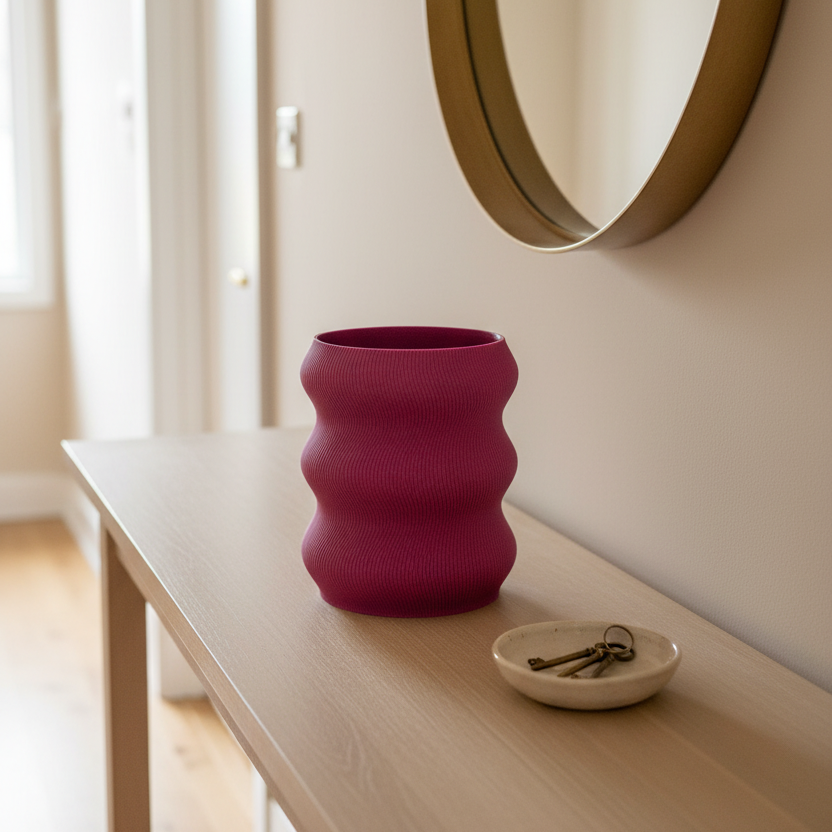 Magenta Volna vase on an entryway console table below a round mirror in a bright hallway