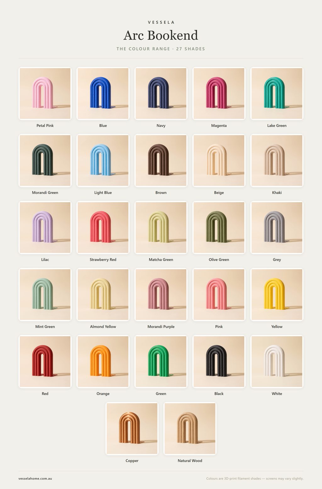 Arc Bookend — The Colour Range · 27 Shades
