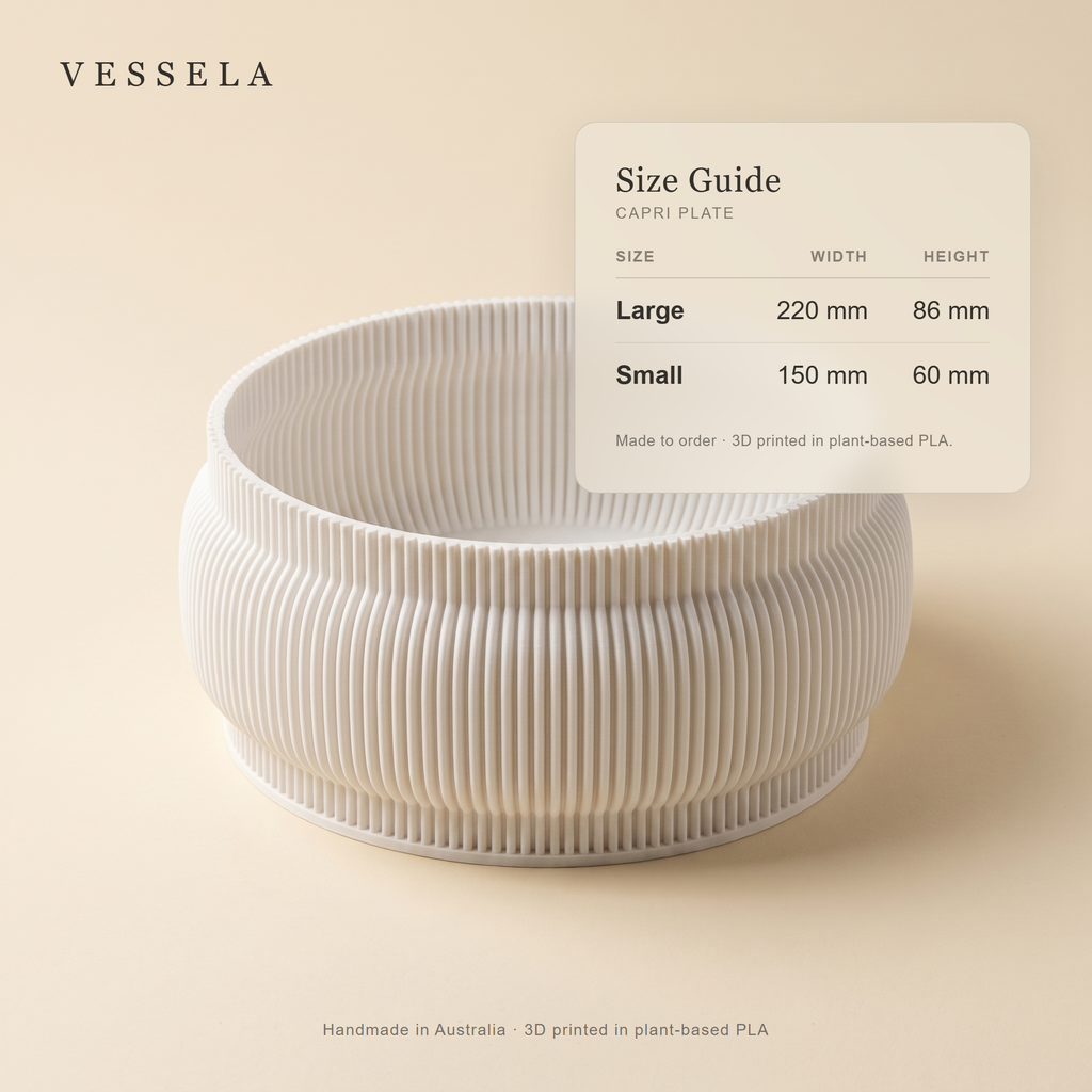 Capri Plate size guide — Small 150×60 mm, Large 220×86 mm