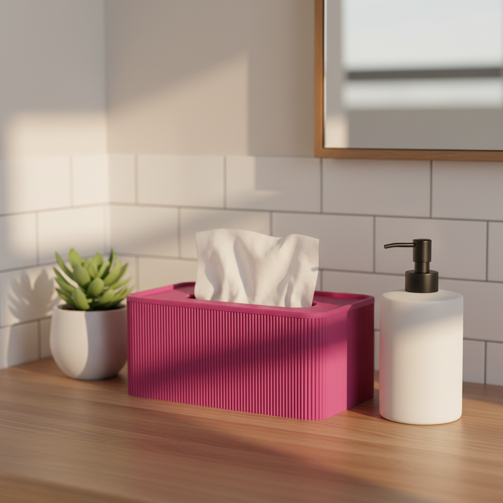 A bright pink ribbed tissue box cover holding white tissues, styled on a wooden countertop next to a white soap dispenser and a small potted succulent in a bathroom setting with white subway tiles and warm sunlight.