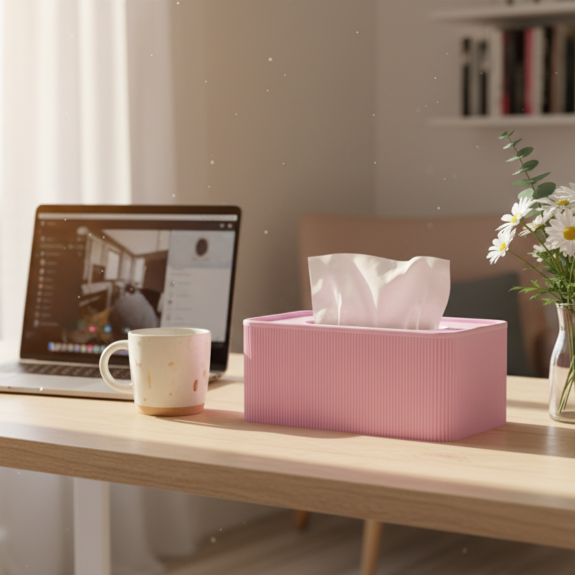 A pink ribbed tissue box holder filled with white tissue paper sits on a light wood desk in a bright home office setting, alongside an open laptop, a white mug, and a small vase of daisies.