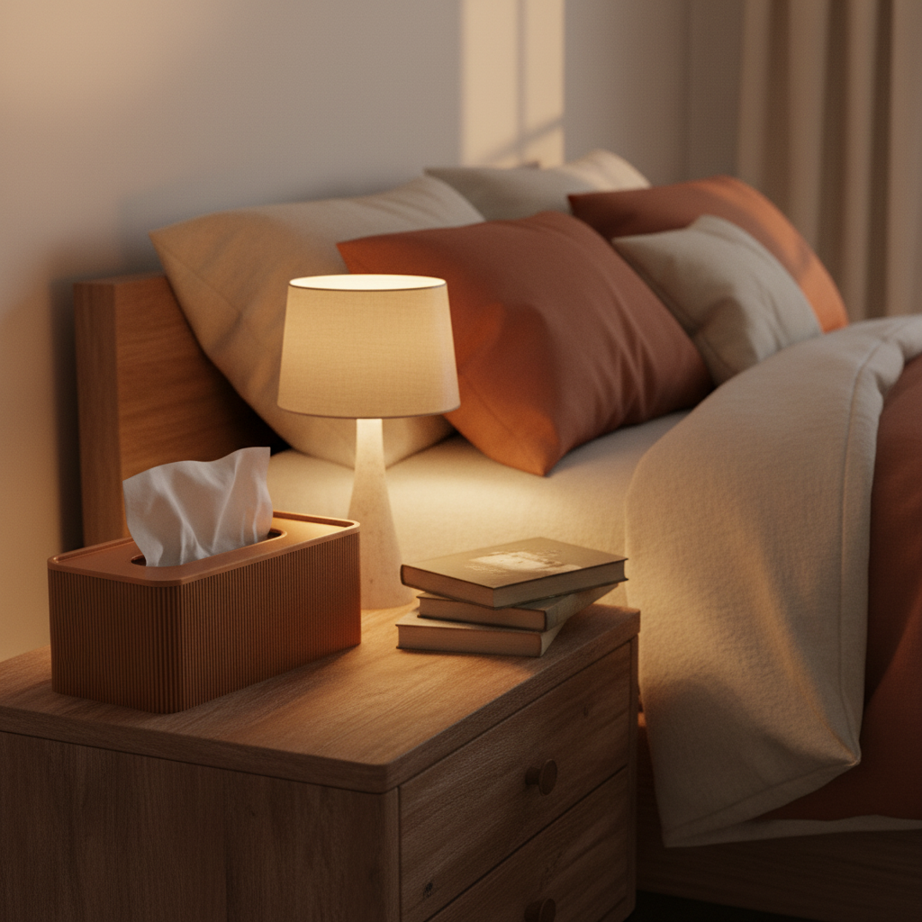 A warm, cozy bedroom scene with a wooden nightstand holding a lit table lamp, a tissue box, and a stack of books, next to a bed with rust-orange and beige pillows and cream bedding.