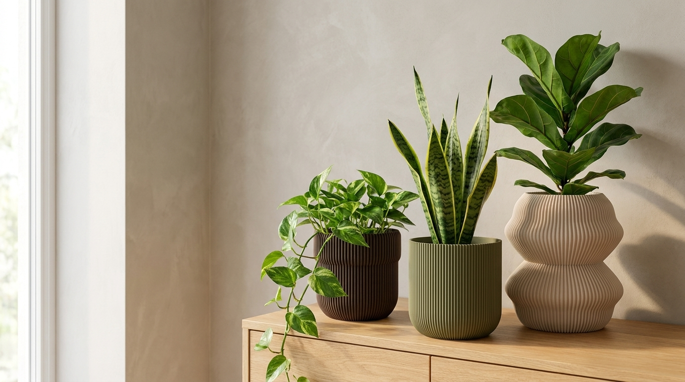 Planters collection banner — three Vessela planters styled on an oak sideboard