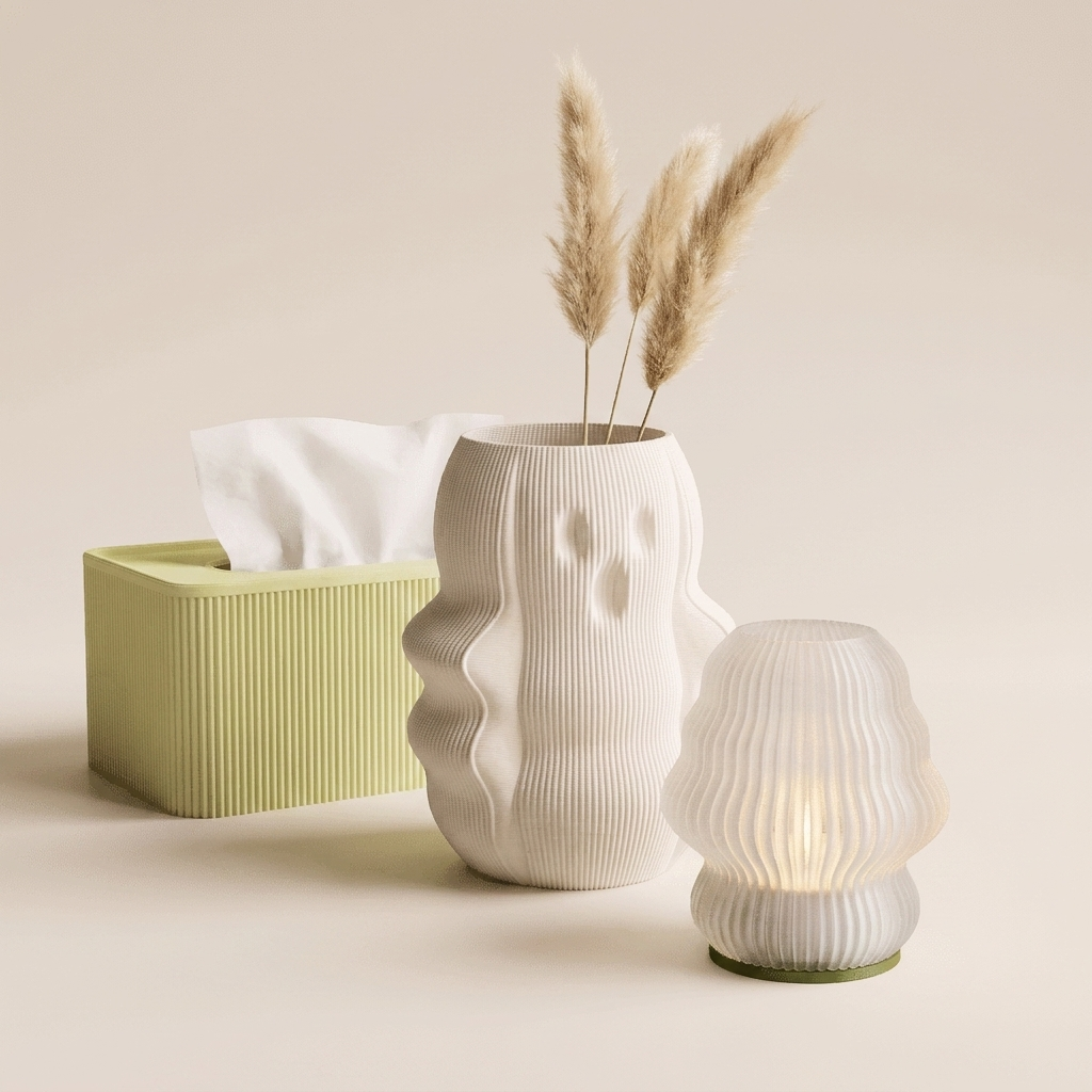 The Vanity Edit gift set in Fresh Greens — matcha tissue box, white vase, olive-based candle holder