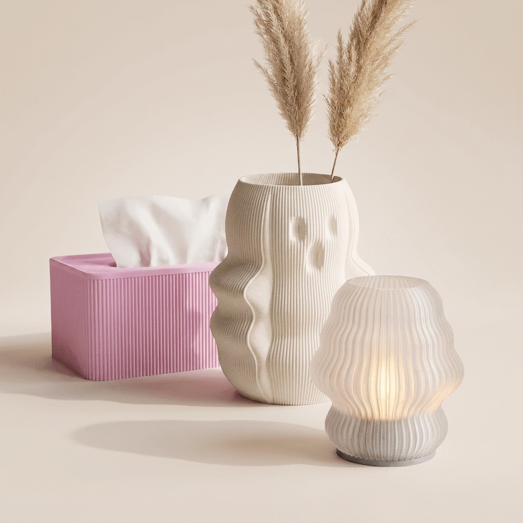 The Vanity Edit gift set in Blush Calm — petal pink tissue box, white vase, grey-based candle holder