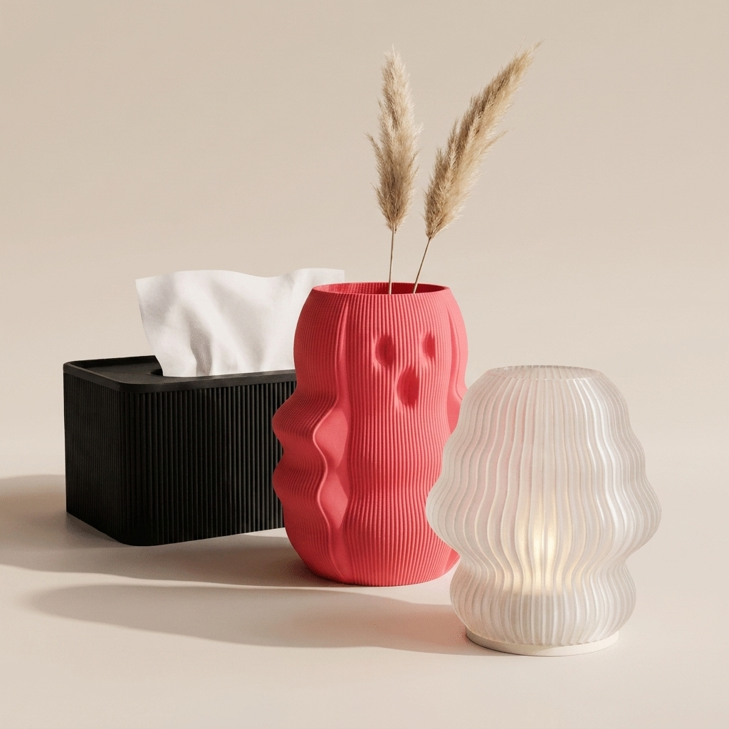The Vanity Edit gift set in Bold Pop — black tissue box, strawberry red vase, white-based candle holder