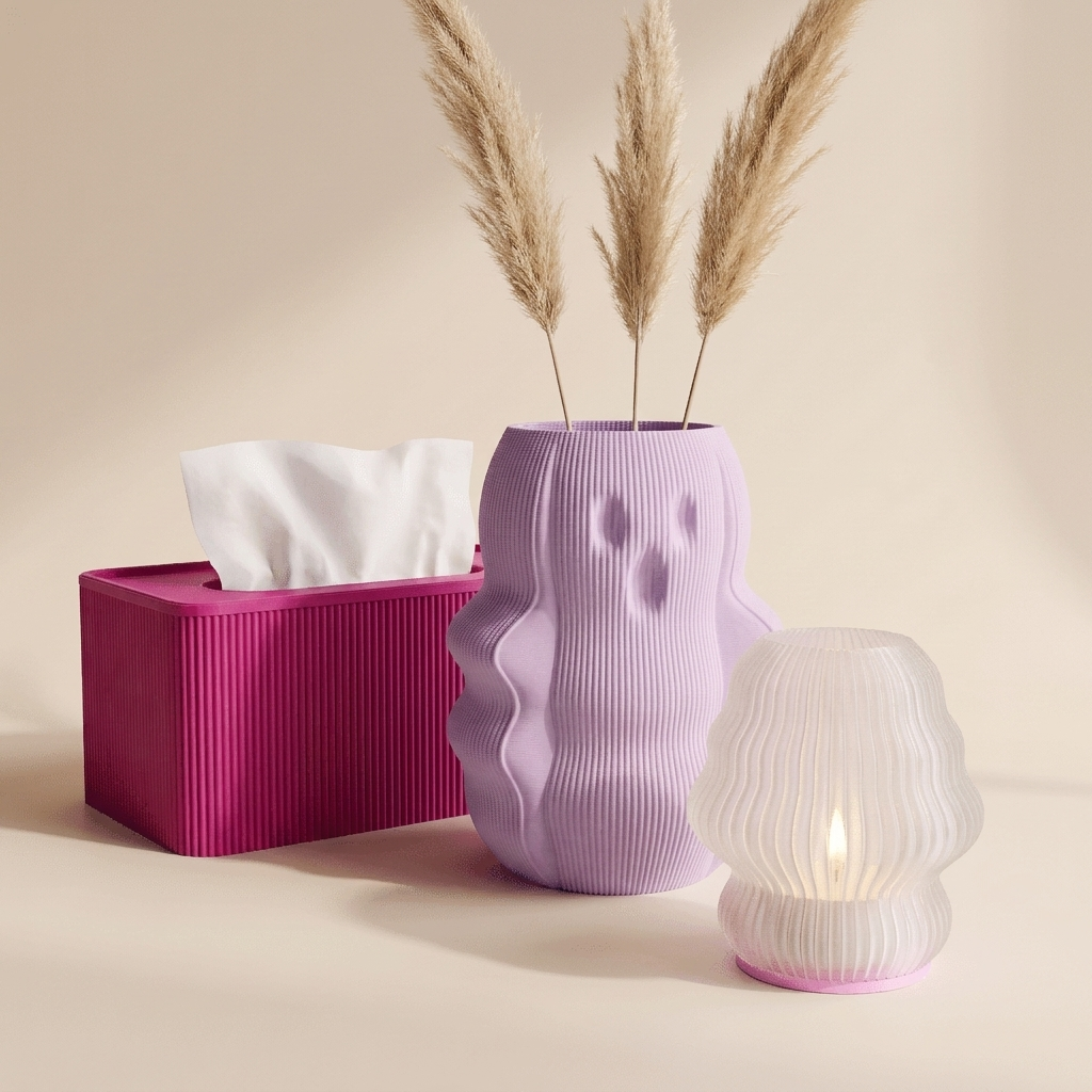 The Vanity Edit gift set in Pink Punch — magenta tissue box, lilac vase, petal pink-based candle holder