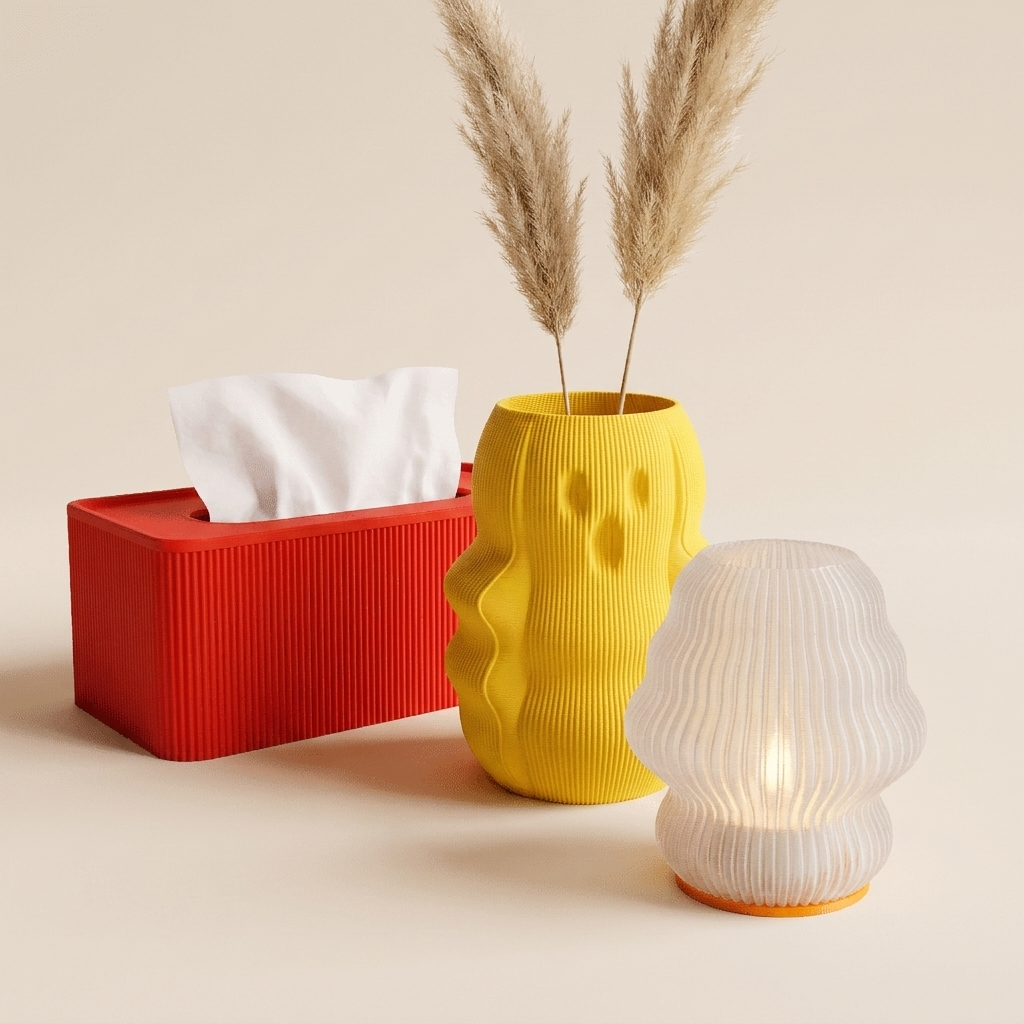 The Vanity Edit gift set in Citrus Pop — red tissue box, yellow vase, orange-based candle holder