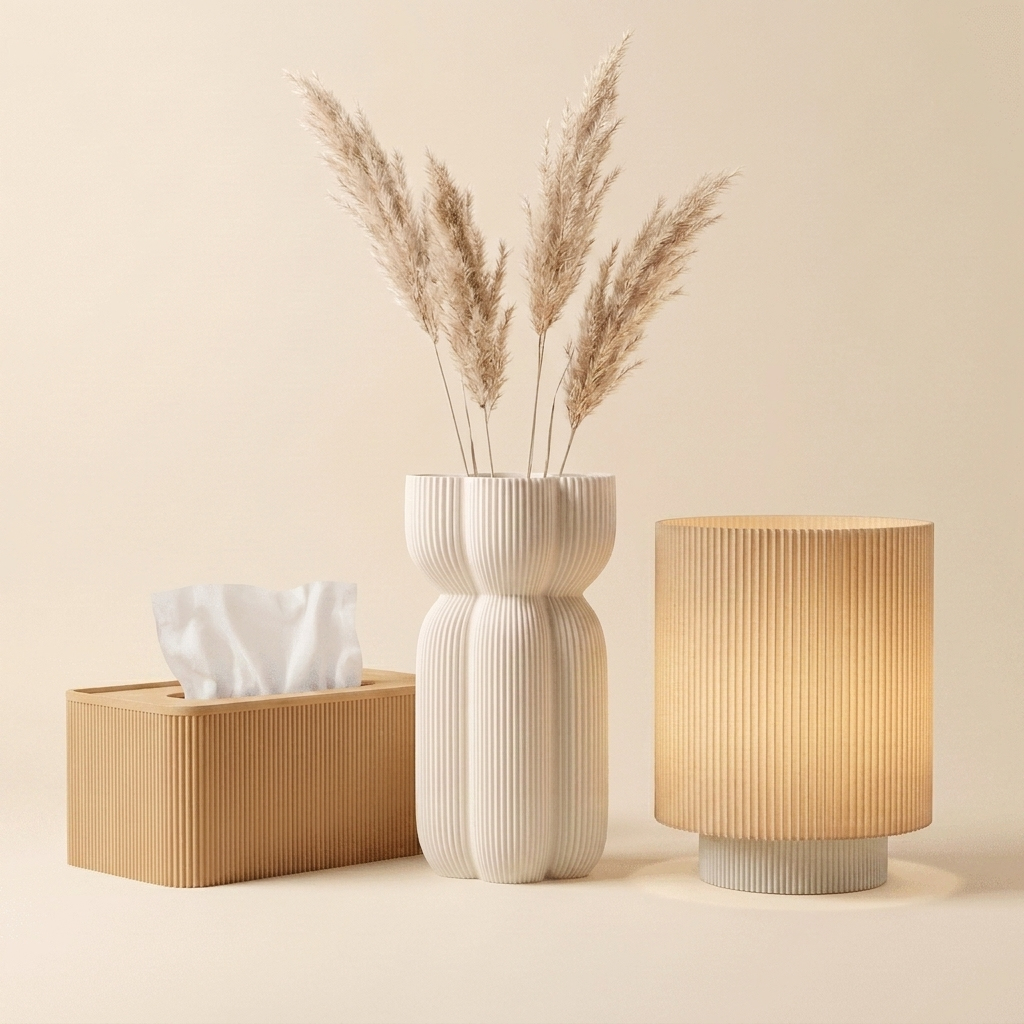 The Bedside Edit in Sand & Stone — wood tissue box, white vase, wood-shade lamp with khaki base