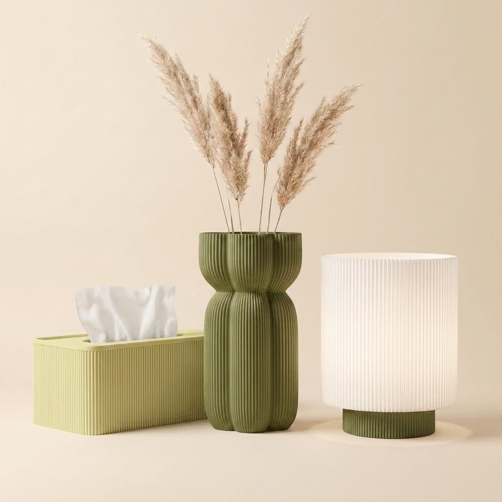 The Bedside Edit in Fresh Greens — matcha tissue box, olive vase, white-shade lamp with olive base