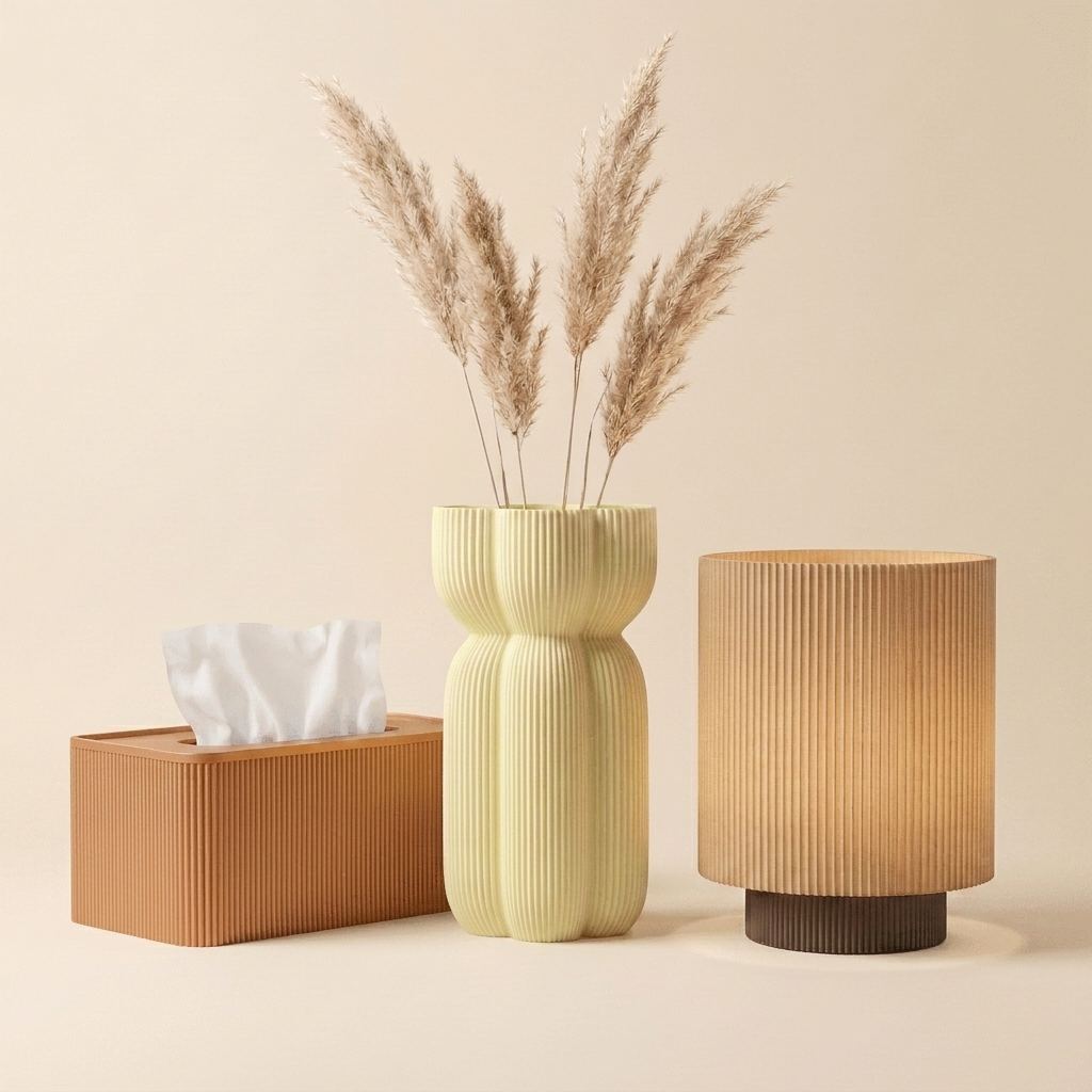 The Bedside Edit in Warm Clay — copper tissue box, almond yellow vase, wood-shade lamp with chocolate base