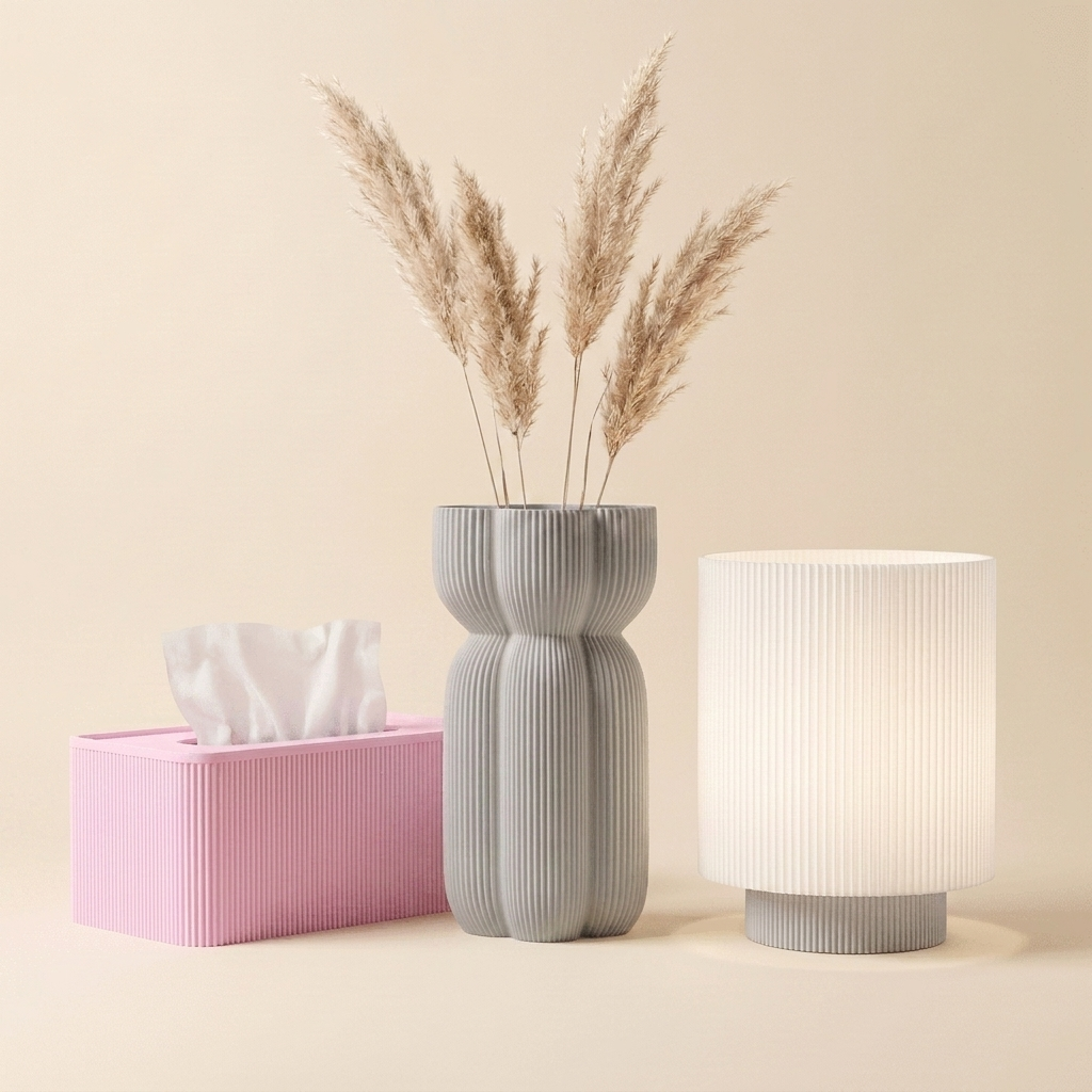 The Bedside Edit in Blush Calm — petal pink tissue box, grey vase, white-shade lamp with grey base