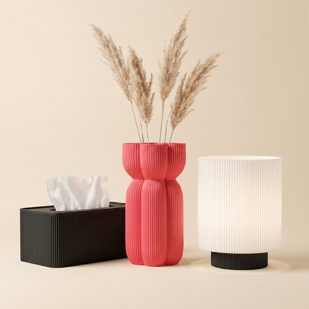 The Bedside Edit in Bold Pop — black tissue box, strawberry red vase, white-shade lamp with black base