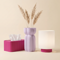 The Bedside Edit in Pink Punch — magenta tissue box, lilac vase, white-shade lamp with magenta base