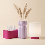 The Bedside Edit in Pink Punch — magenta tissue box, lilac vase, white-shade lamp with magenta base