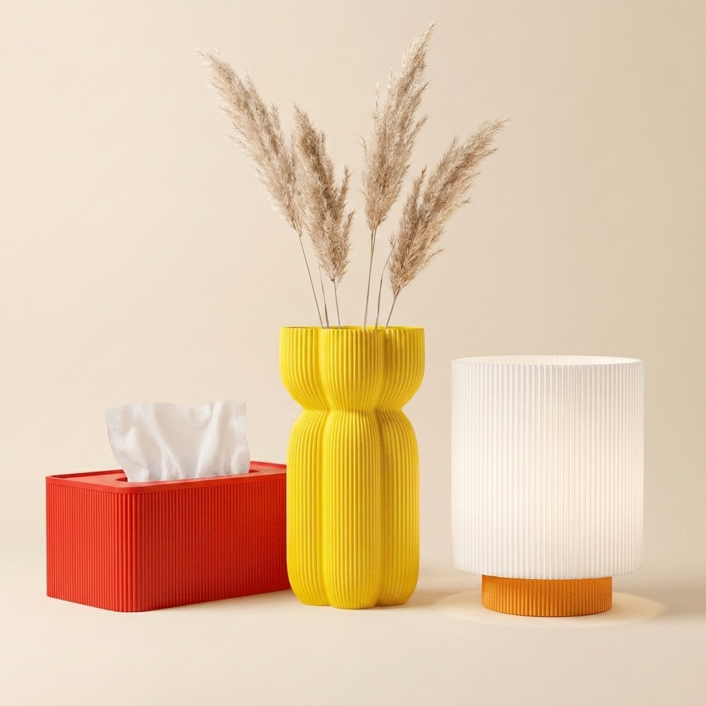 The Bedside Edit in Citrus Pop — red tissue box, yellow vase, white-shade lamp with orange base