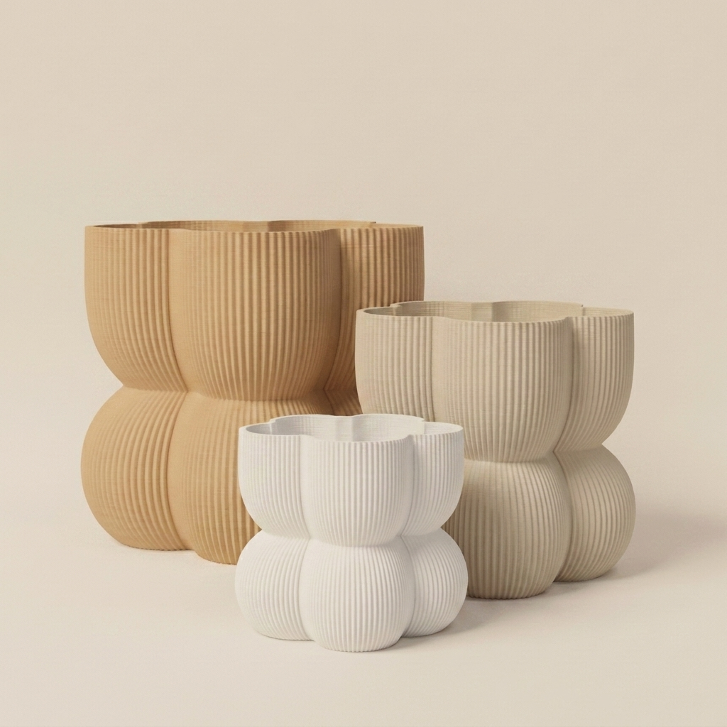 The Caribe Trio nesting planter set in Sand & Stone — white, khaki and natural wood gradient
