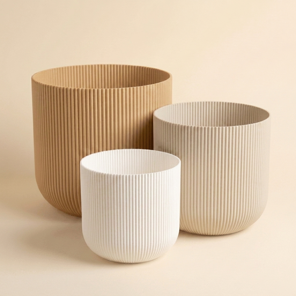 The Forma Trio nesting planter set in Sand & Stone — white, khaki and natural wood gradient