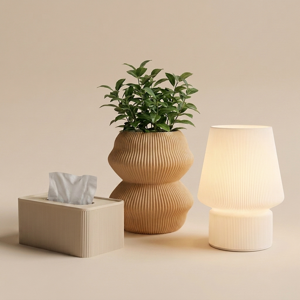 The Reading Nook in Sand & Stone — natural wood planter, khaki tissue box, glowing lamp