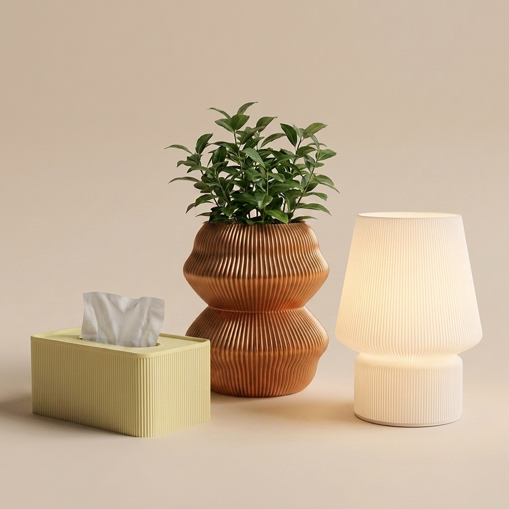 The Reading Nook in Warm Clay — copper planter, almond yellow tissue box, glowing lamp