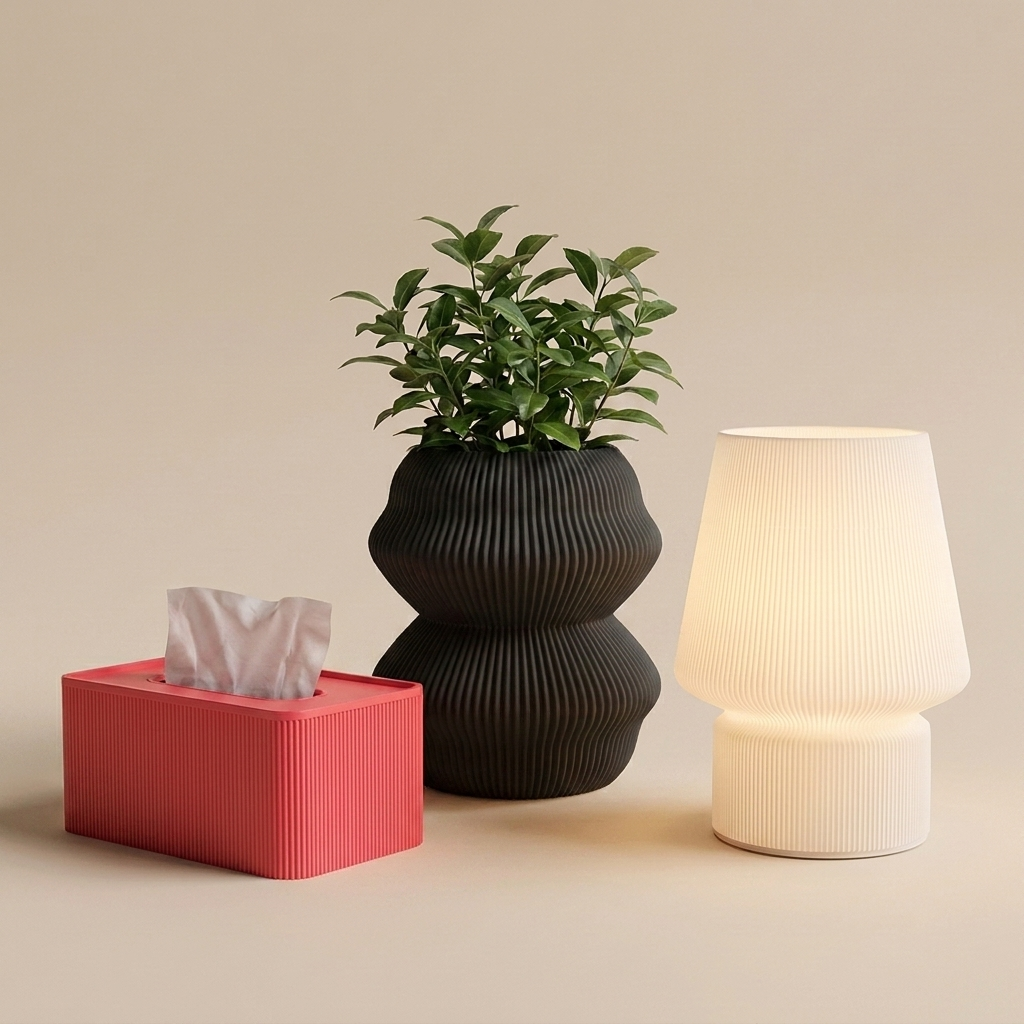 The Reading Nook in Bold Pop — black planter, strawberry red tissue box, glowing lamp