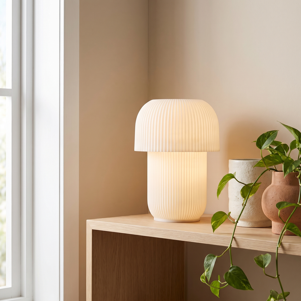 Truco Table Lamp styled on a timber shelf with a plant